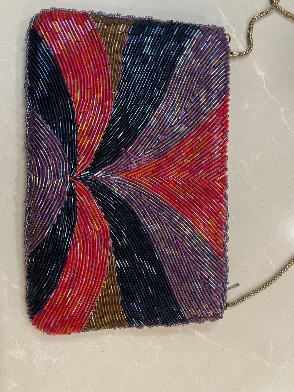 Vintage Beaded Multicolor Evening Clutch with Chain Strap